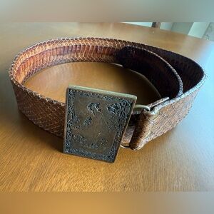 Brown Vintage Belt with Unique Decorative Brass Buckle